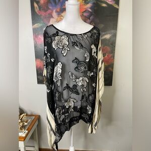 Cirtron Burned Silk Velvet Asymmetrical Sleeves Poncho Blouse L Art to Wear